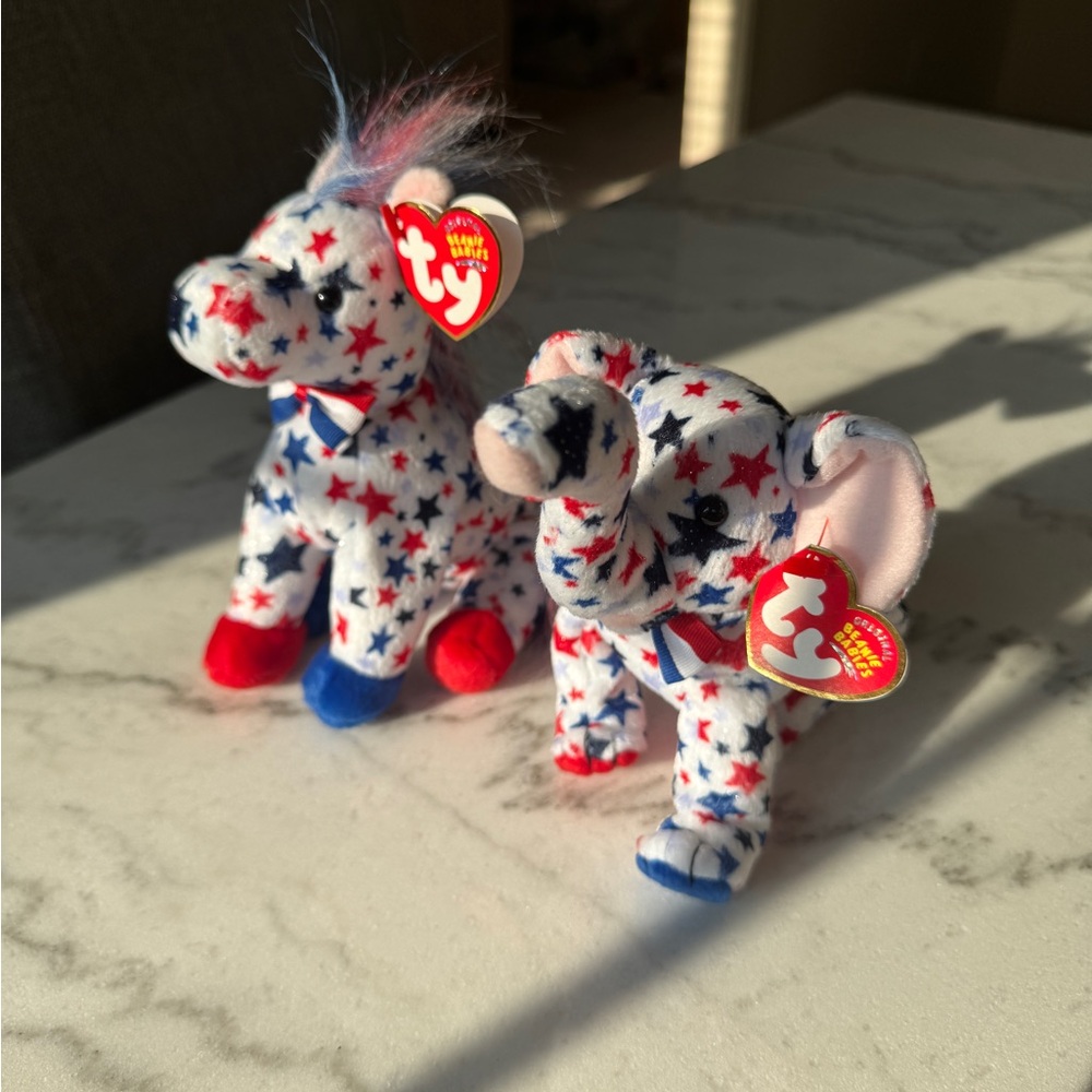 Ty Beanie Babies Star Patterned Elephant and Dog Patriotic 2004